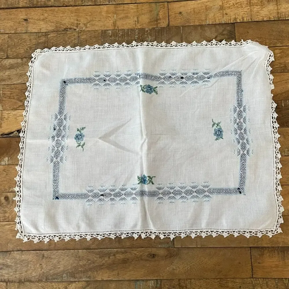 White Cotton Napkin Set (4) Handmade Blue Cross-Stitch Floral Crochet Border